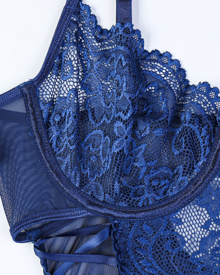 Christina™ | Body transparent din dantelă cu model floral și fundiță pe lateral