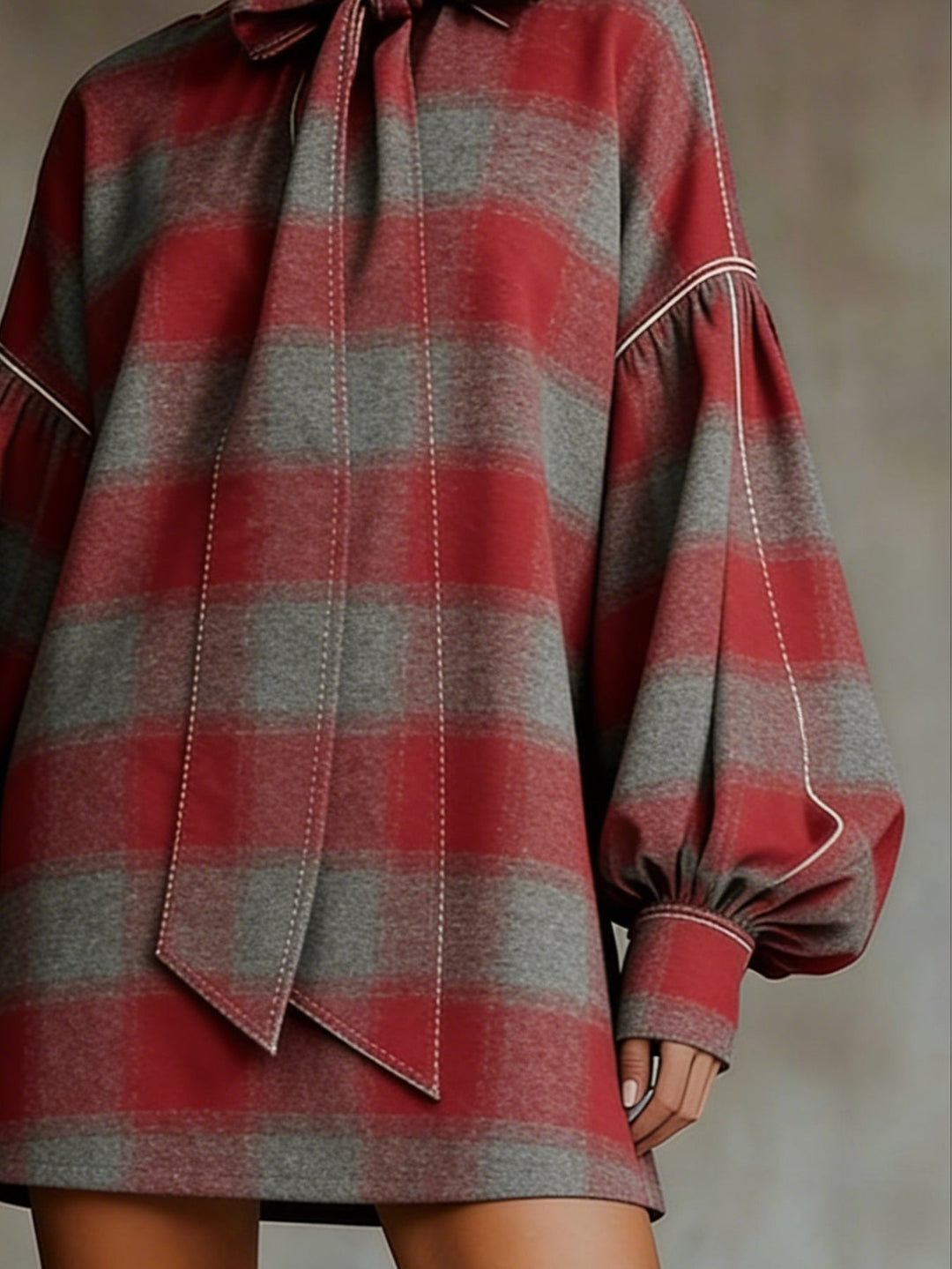 Rochie Mini cu Mâneci Lantern in Carouri Roșii și Gri