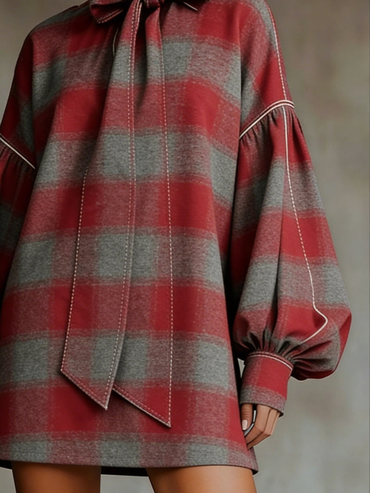 Rochie Mini cu Mâneci Lantern in Carouri Roșii și Gri