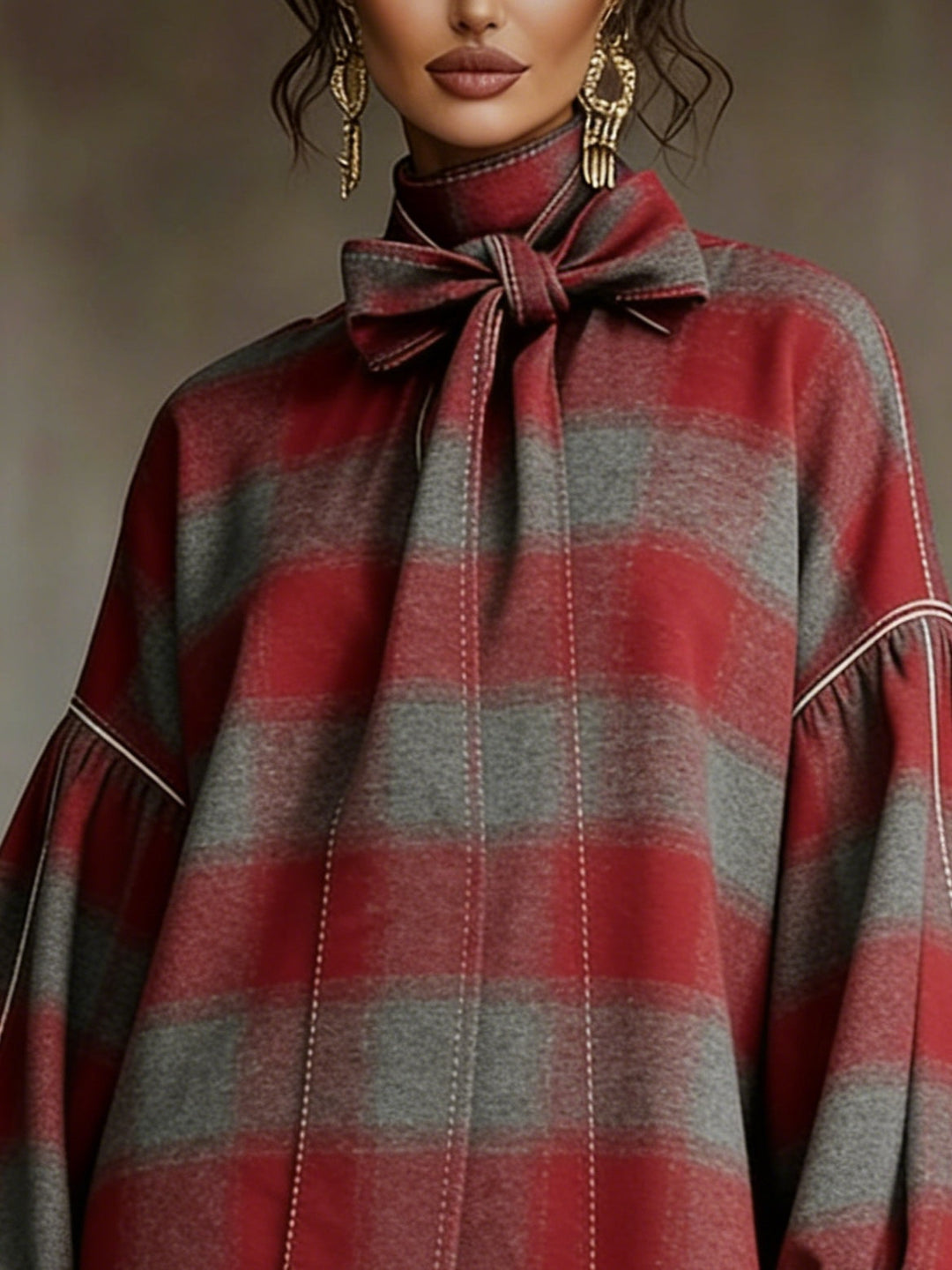 Rochie Mini cu Mâneci Lantern in Carouri Roșii și Gri